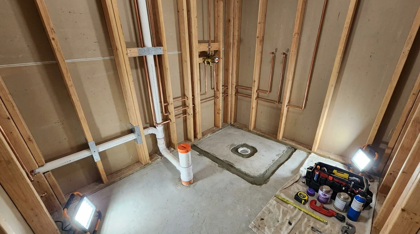 Bathroom rough-in plumbing during remodel by Johns Plumbing LLC in North Babylon