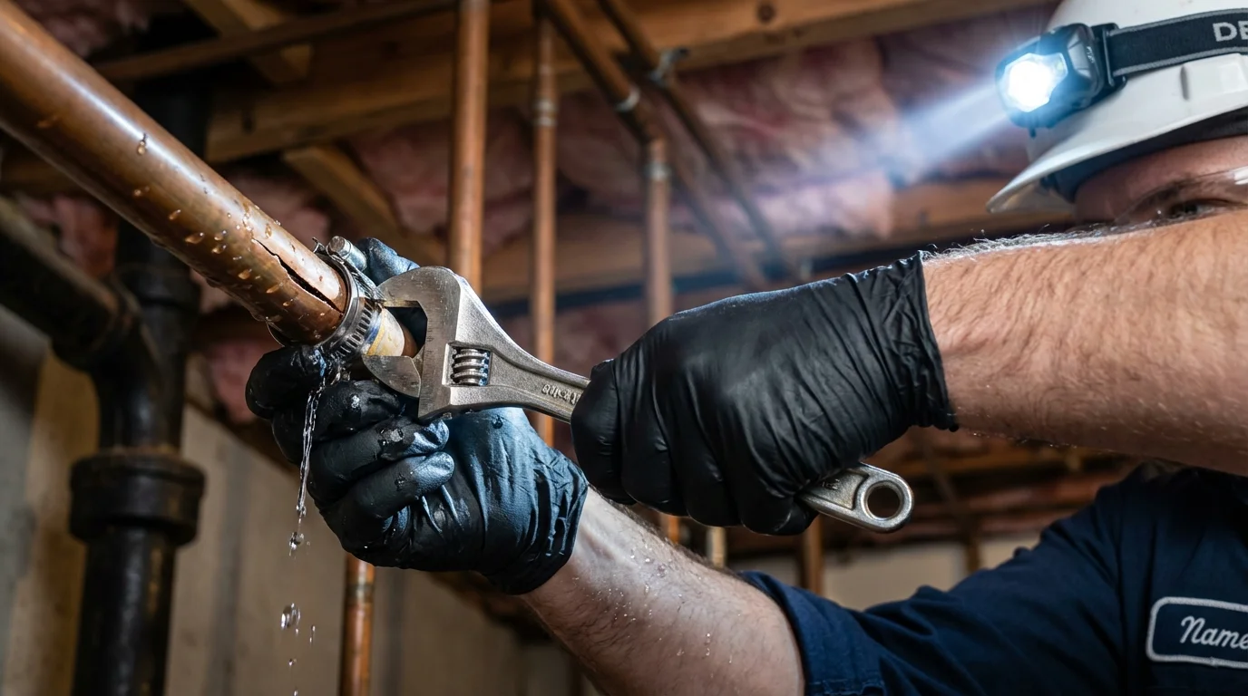 Emergency pipe clamp repair being performed by a Johns Plumbing LLC plumber in North Babylon