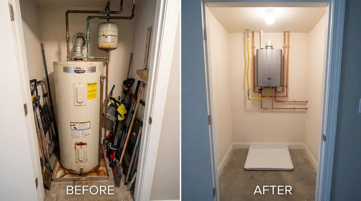 Tank water heater versus wall-mounted tankless unit comparison for North Babylon, NY homeowners
