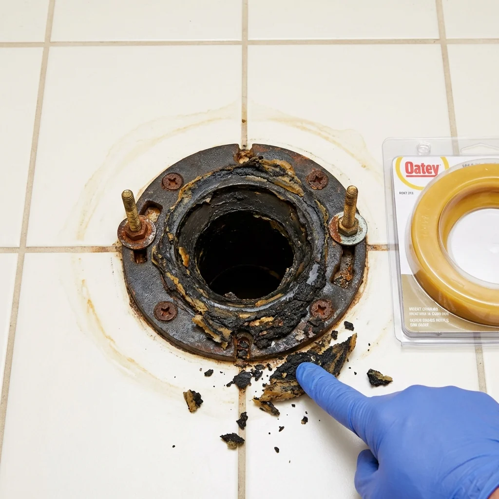 Failed wax ring showing water seepage at the base of a toilet in a North Babylon, NY home