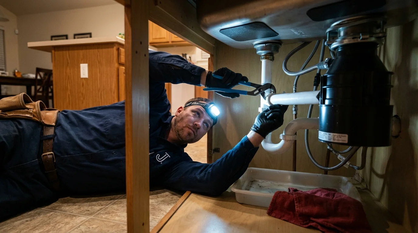 P-trap and supply line connections under a kitchen sink showing a common leak point in North Babylon, NY